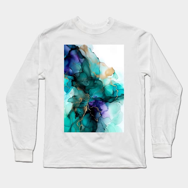 Teal Dreamland - Abstract Alcohol Ink Art Long Sleeve T-Shirt by inkvestor